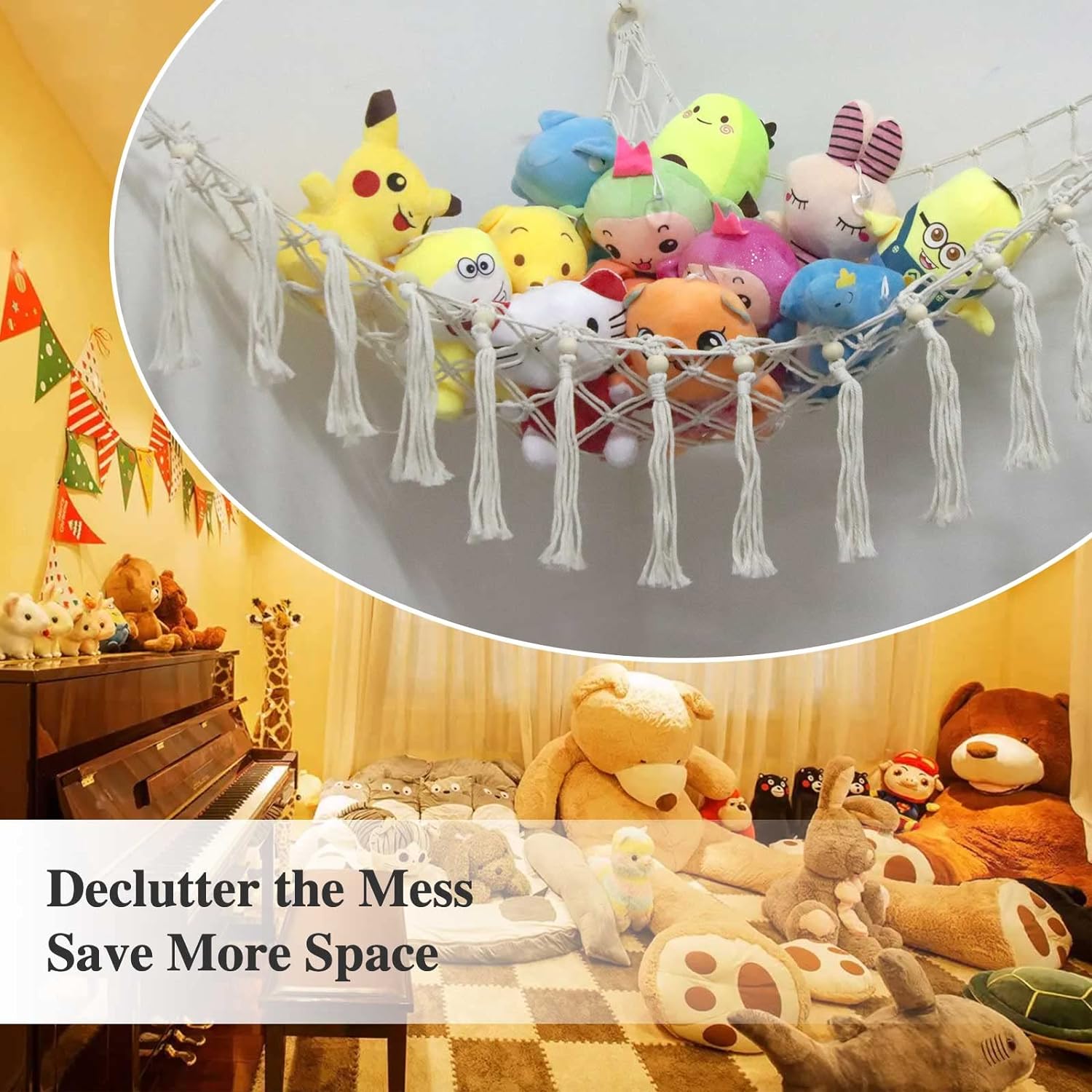 Stuffed Animal Net or Hammock with LED Light and Hooks - Stuffed Animal Storage Toy Hammock for Wall - Macrame Corner Plushie Net Jumbo, Boho Hanging Plush Organizer for Kids Bedroom Decor (41*41*57) - Image 2